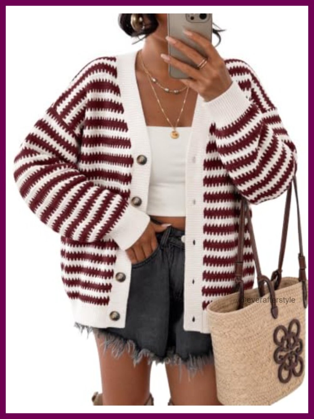 Striped Button Up Cardigan Sweater V Neck Knit Top Oversized